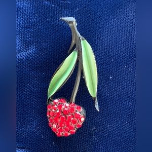Vintage JJ Japaned Cherry Enamel Rhinestone Brooch